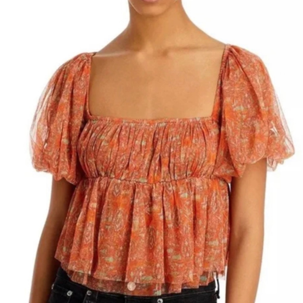 Free people floral Penelope smocked puff sleeve baby doll top